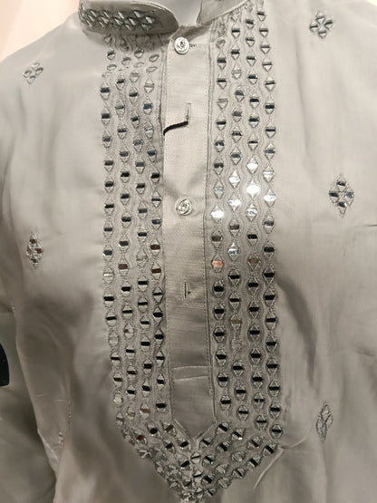 remium Silver Grey Men's Kurta | Heavy Mirror Work Yoke (Design 20221)