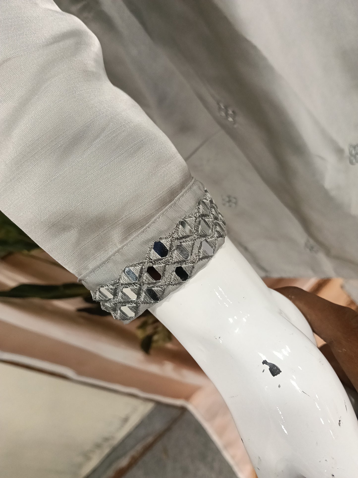 remium Silver Grey Men's Kurta | Heavy Mirror Work Yoke (Design 20221)