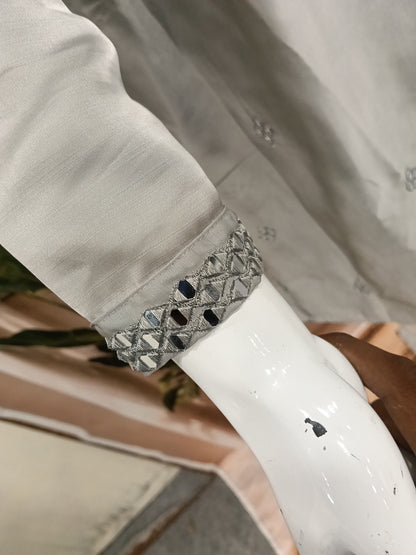 remium Silver Grey Men's Kurta | Heavy Mirror Work Yoke (Design 20221)