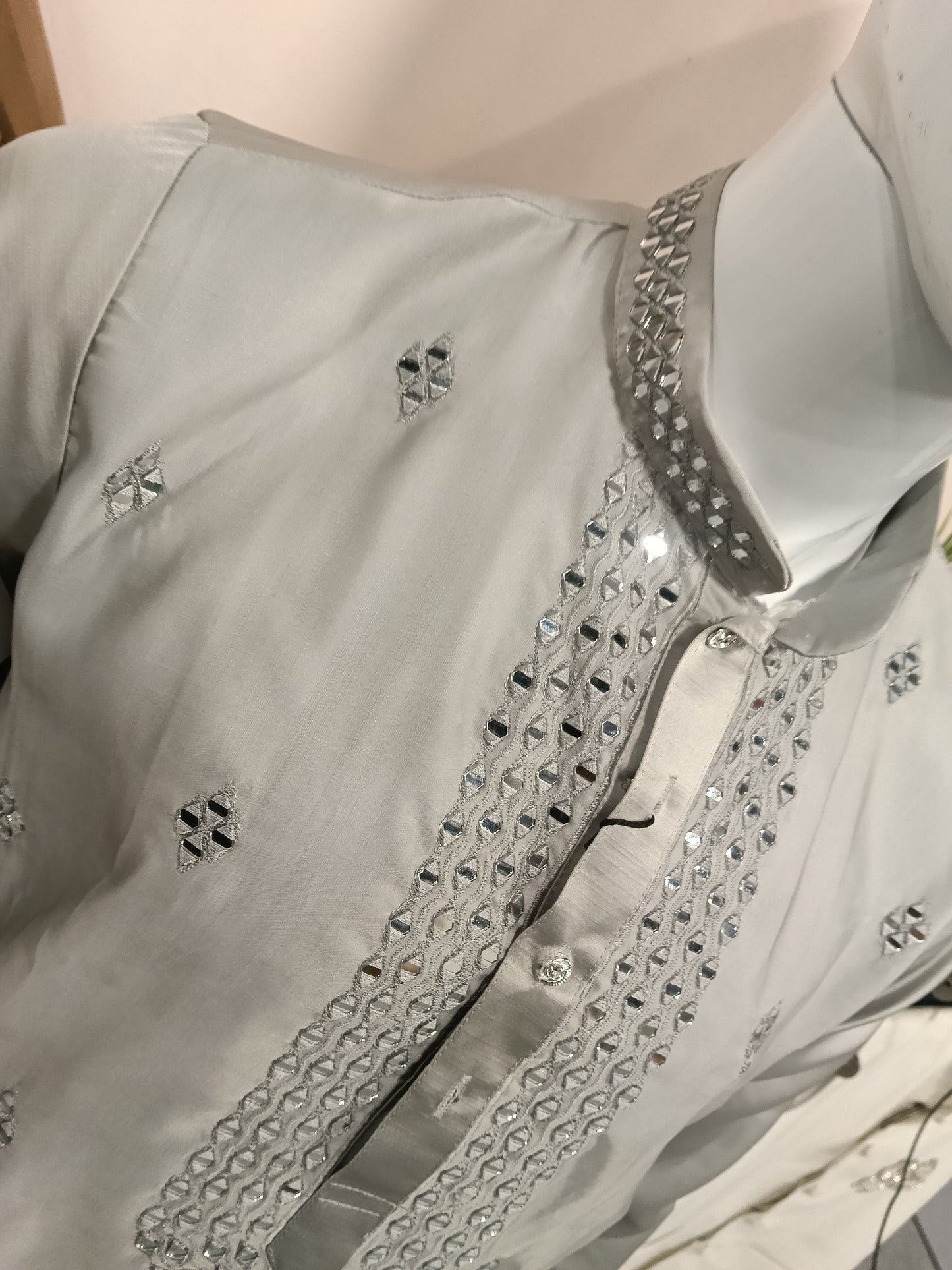 remium Silver Grey Men's Kurta | Heavy Mirror Work Yoke (Design 20221)