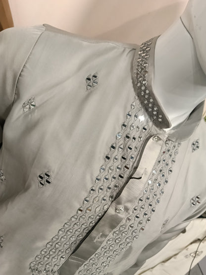 remium Silver Grey Men's Kurta | Heavy Mirror Work Yoke (Design 20221)