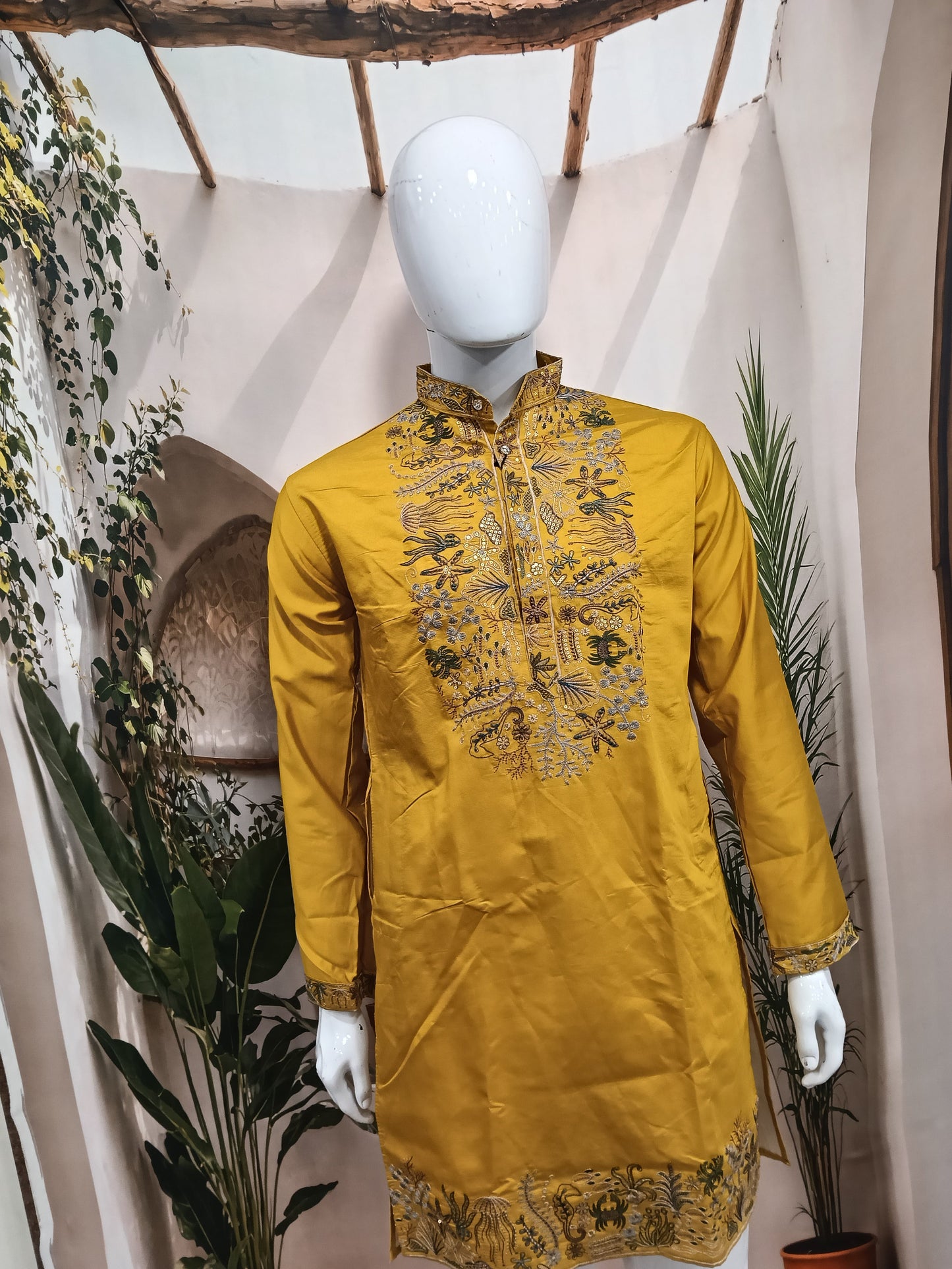 Premium Mustard Yellow Men's Kurta | Intricate Embroidered Yoke & Hem