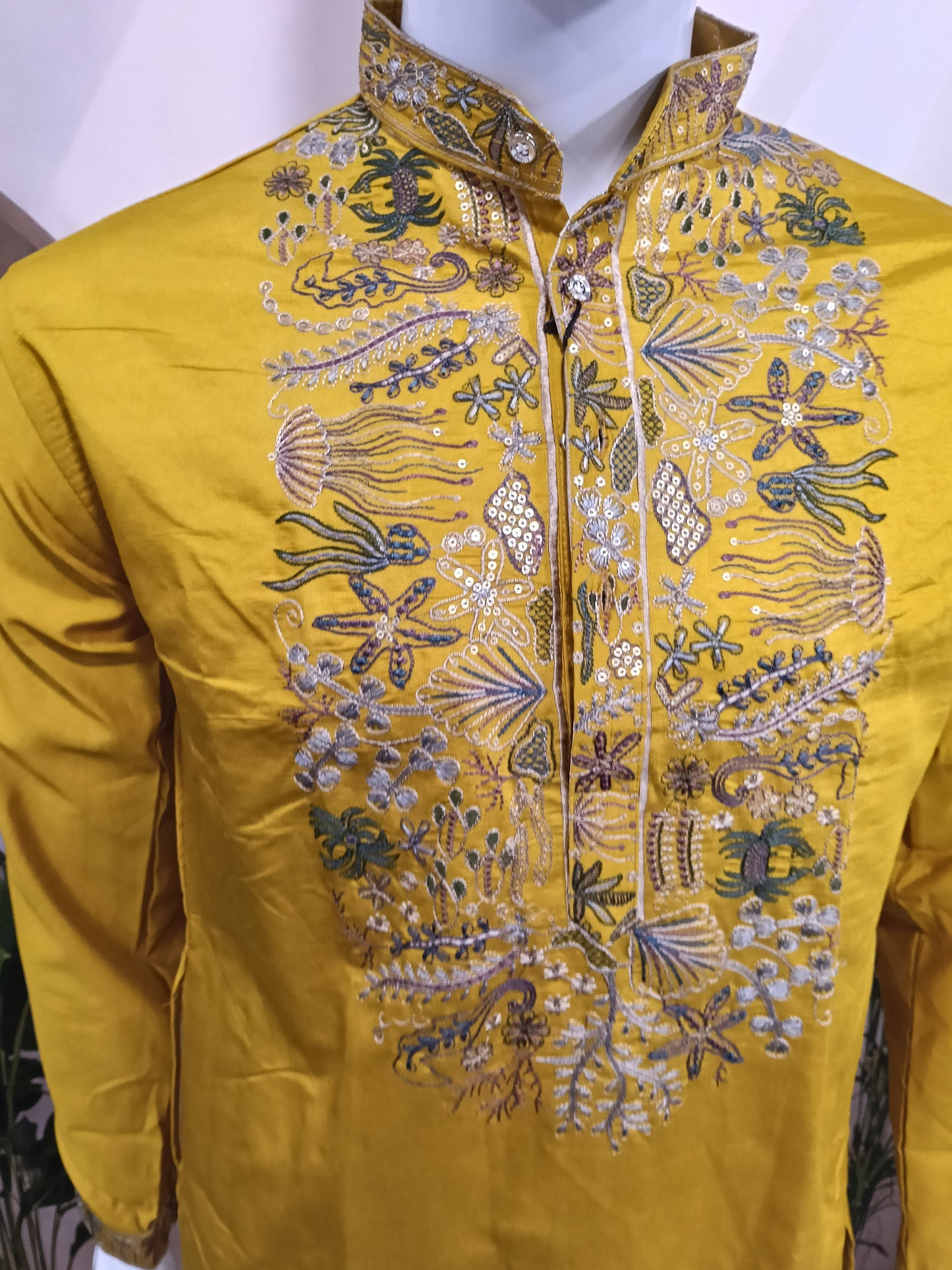 Premium Mustard Yellow Men's Kurta | Intricate Embroidered Yoke & Hem