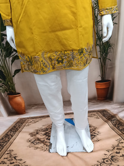 Premium Mustard Yellow Men's Kurta | Intricate Embroidered Yoke & Hem