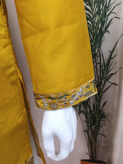 Premium Mustard Yellow Men's Kurta | Intricate Embroidered Yoke & Hem
