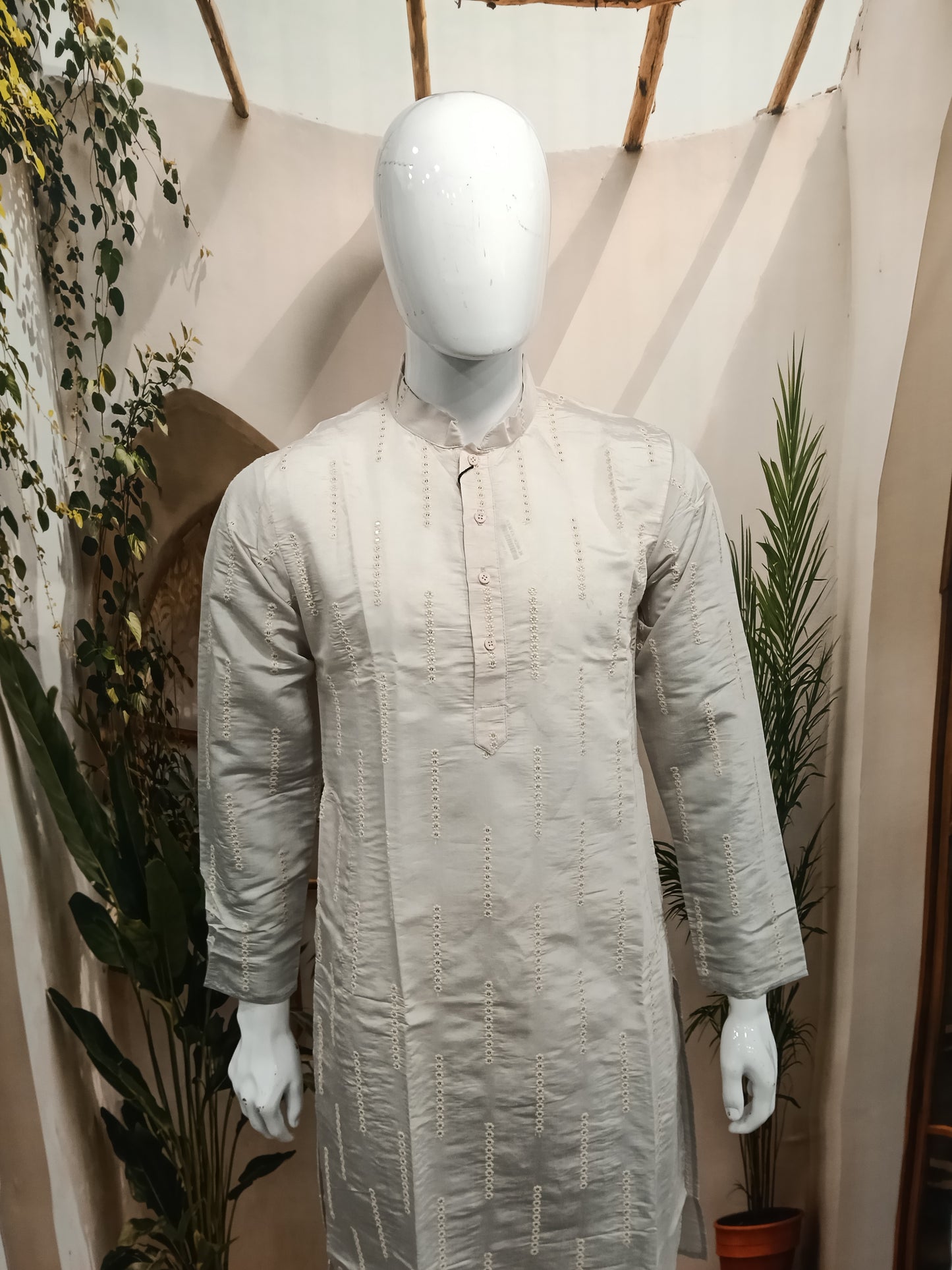 Premium Pearl Grey Men's Kurta | Vertical Embroidered Sequin Lines