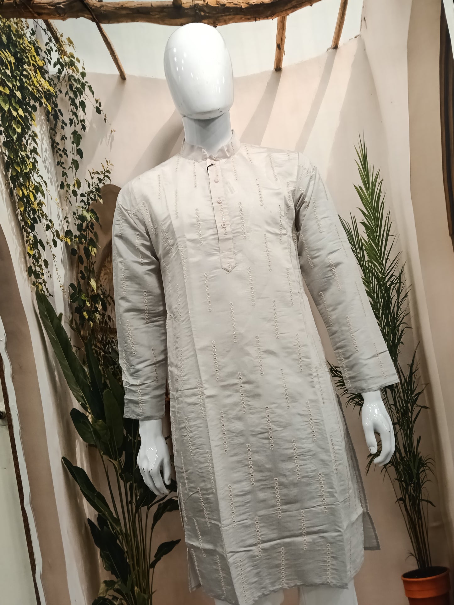 Premium Pearl Grey Men's Kurta | Vertical Embroidered Sequin Lines