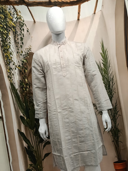 Premium Pearl Grey Men's Kurta | Vertical Embroidered Sequin Lines
