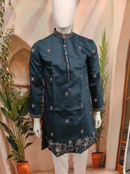 Premium Dark Teal Men's Kurta | Embroidered Scenic Hem & Star Motifs