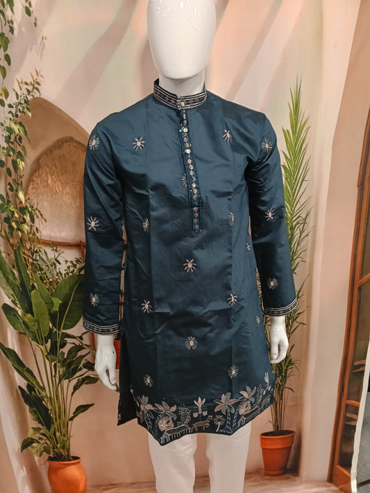 Premium Dark Teal Men's Kurta | Embroidered Scenic Hem & Star Motifs