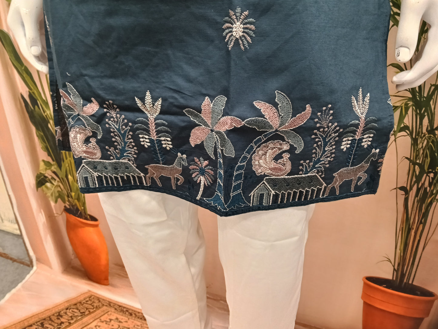 Premium Dark Teal Men's Kurta | Embroidered Scenic Hem & Star Motifs