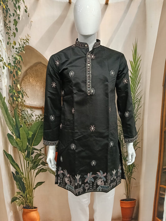 Premium Jet Black Men's Kurta | Embroidered Scenic Hem & Starburst Motifs