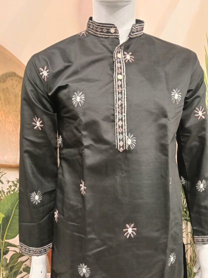 Premium Jet Black Men's Kurta | Embroidered Scenic Hem & Starburst Motifs