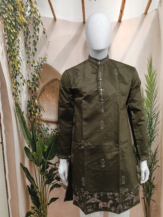 Premium Mehndi Green Men's Kurta | Embroidered Scenic Hem & Floral Motifs