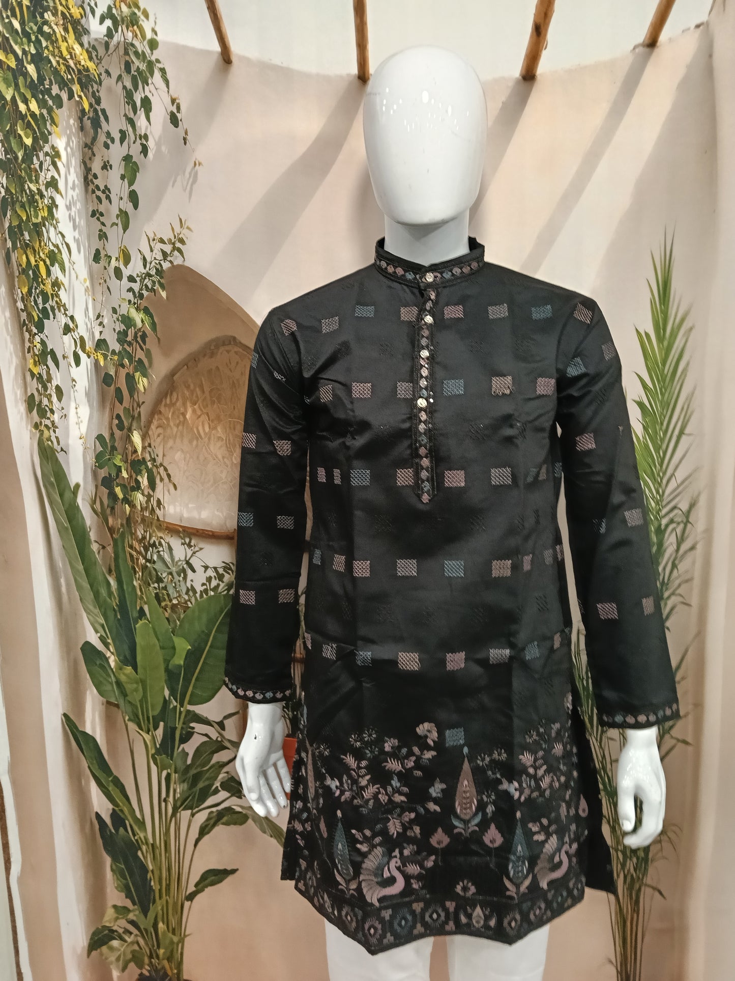 Premium Jet Black Men's Kurta | Geometric Motifs & Peacock Embroidered Hem