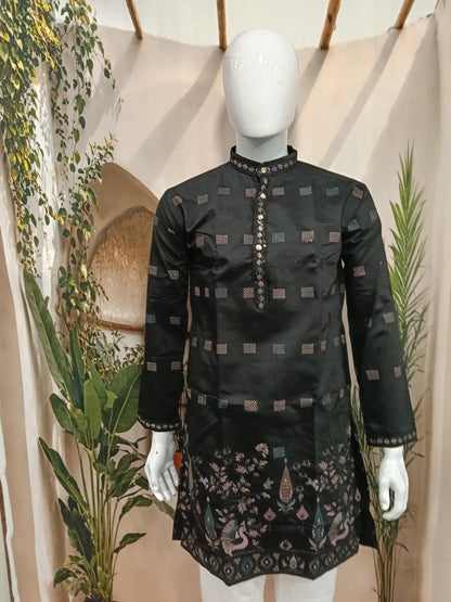 Premium Jet Black Men's Kurta | Geometric Motifs & Peacock Embroidered Hem