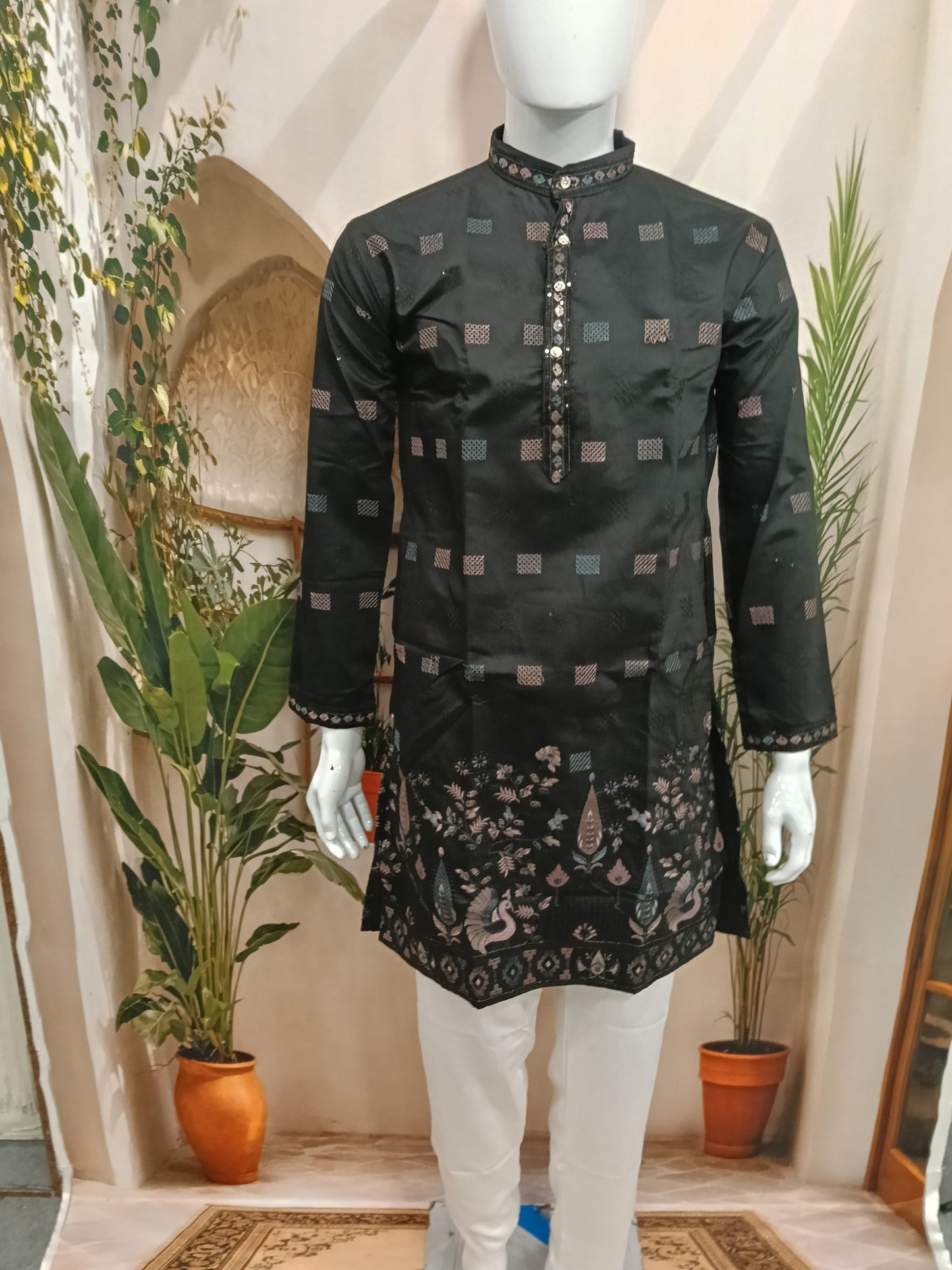Premium Jet Black Men's Kurta | Geometric Motifs & Peacock Embroidered Hem