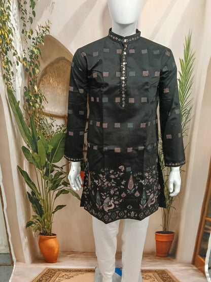 Premium Jet Black Men's Kurta | Geometric Motifs & Peacock Embroidered Hem