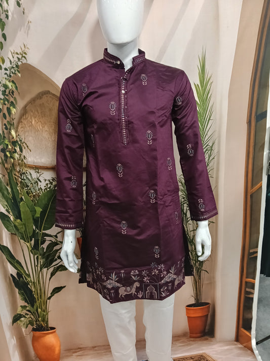 Premium Deep Plum Men's Kurta | Embroidered Scenic Hem & Floral Motifs