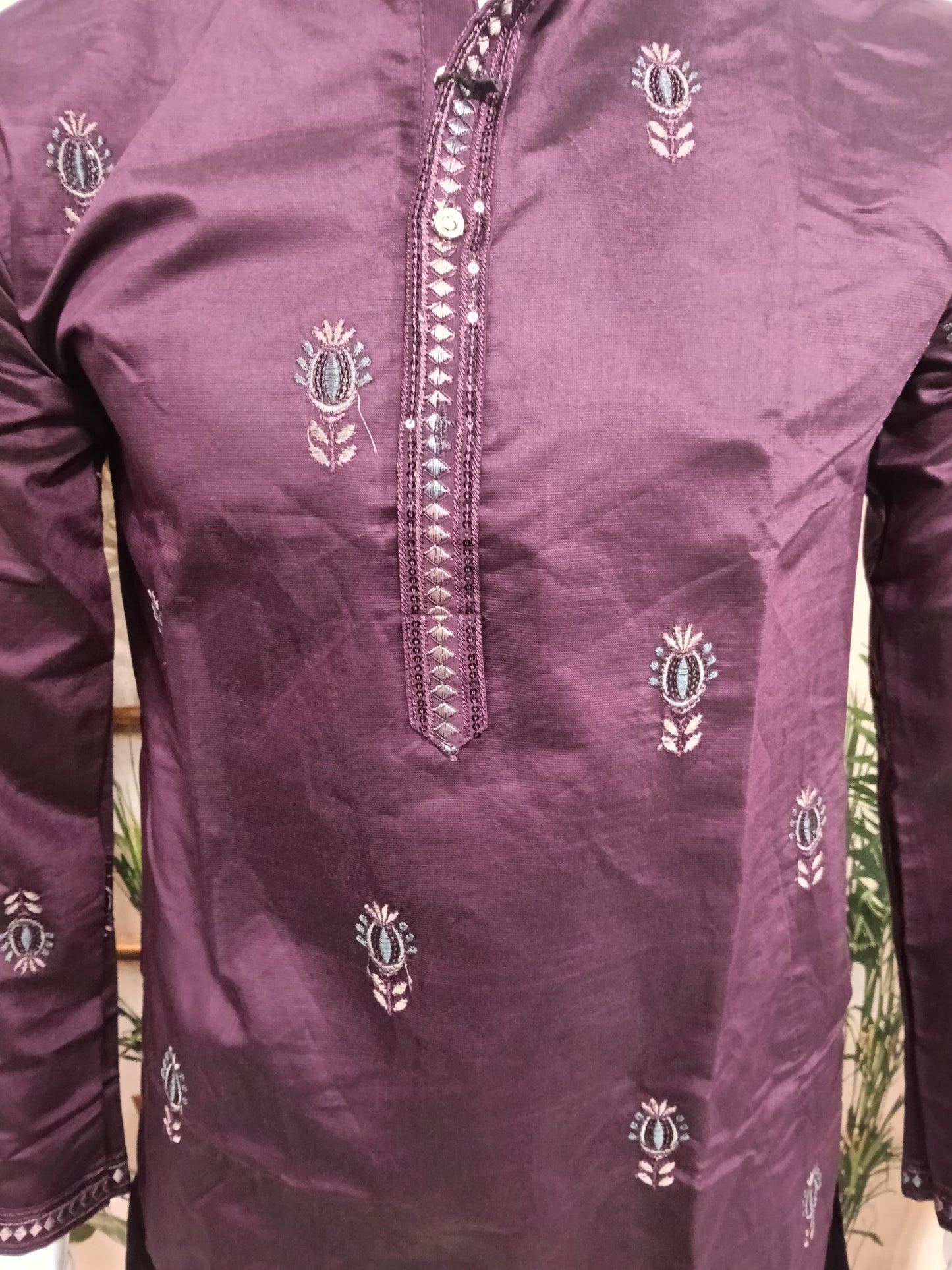 Premium Deep Plum Men's Kurta | Embroidered Scenic Hem & Floral Motifs