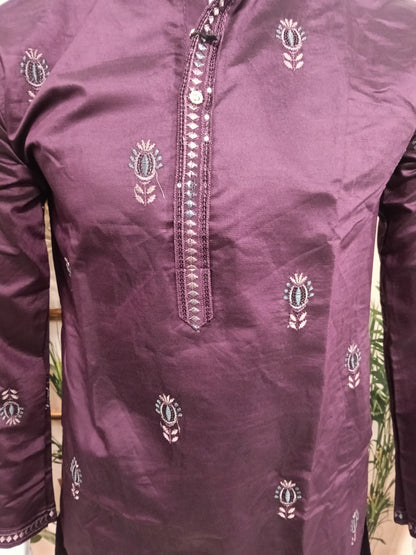 Premium Deep Plum Men's Kurta | Embroidered Scenic Hem & Floral Motifs