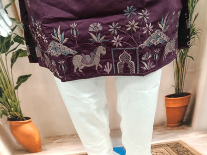 Premium Deep Plum Men's Kurta | Embroidered Scenic Hem & Floral Motifs