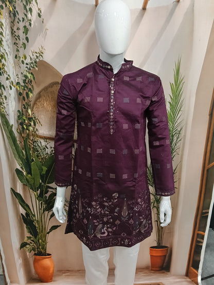Premium Deep Purple Men's Kurta | Geometric Motifs & Peacock Embroidered Hem