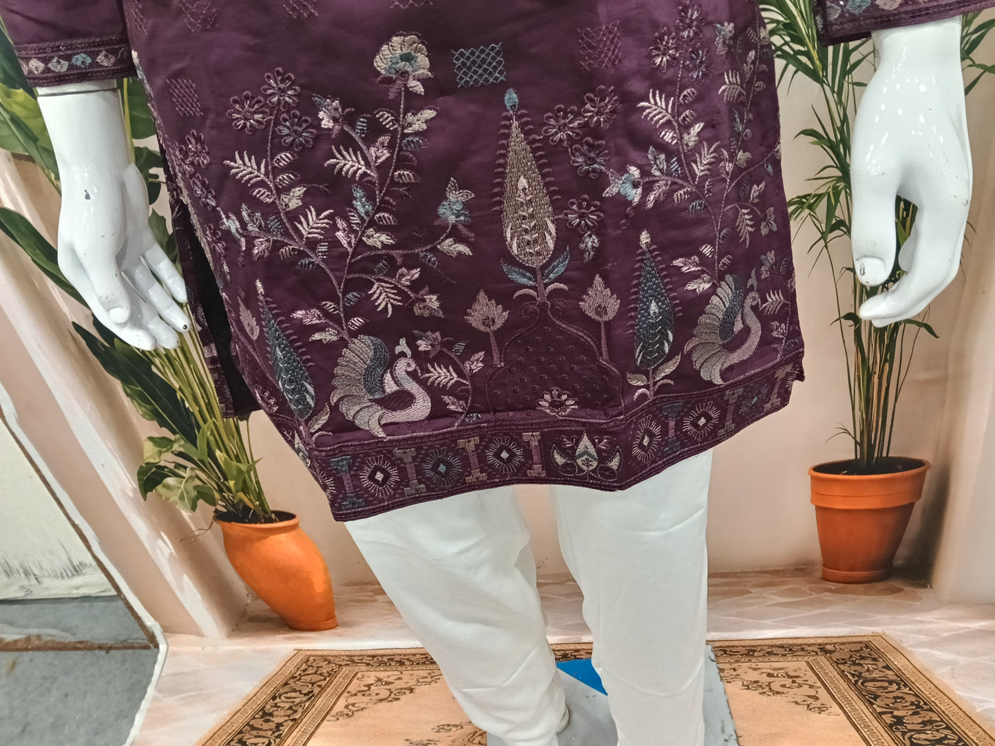 Premium Deep Purple Men's Kurta | Geometric Motifs & Peacock Embroidered Hem