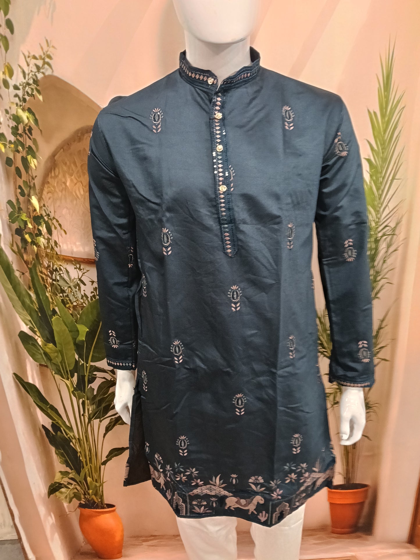 Premium Midnight Blue Men's Kurta | Embroidered Scenic Horse Hem & Floral Motifs