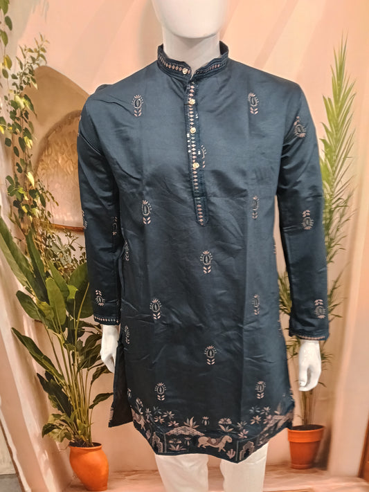 Premium Midnight Blue Men's Kurta | Embroidered Scenic Horse Hem & Floral Motifs