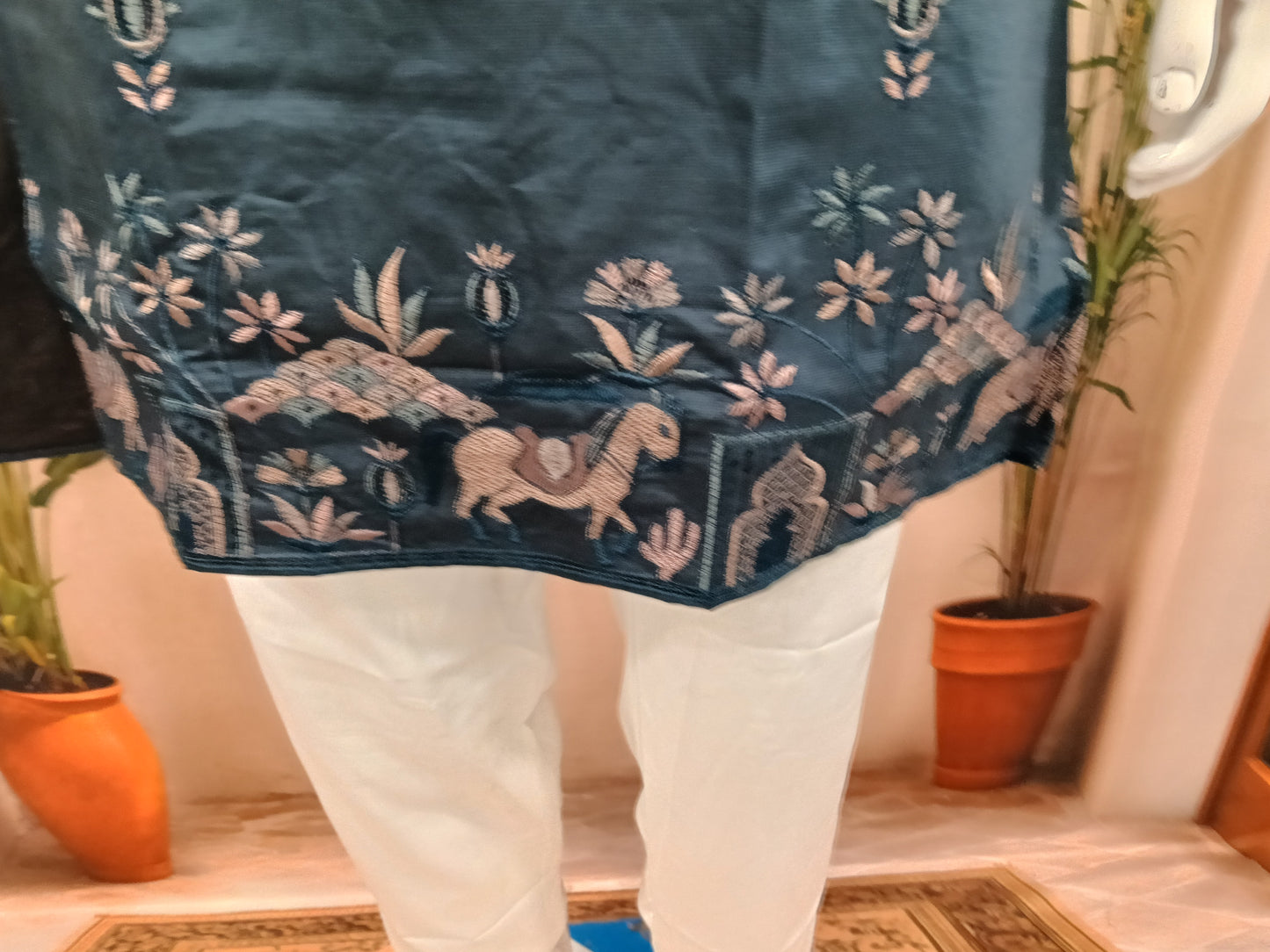 Premium Midnight Blue Men's Kurta | Embroidered Scenic Horse Hem & Floral Motifs