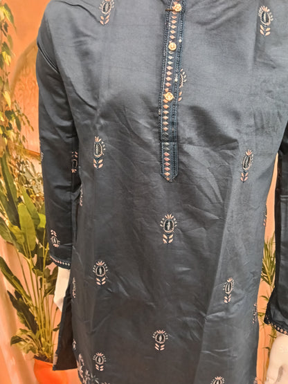 Premium Midnight Blue Men's Kurta | Embroidered Scenic Horse Hem & Floral Motifs