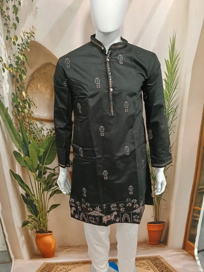 Premium Jet Black Men's Kurta | Embroidered Scenic Horse Hem & Floral Motifs