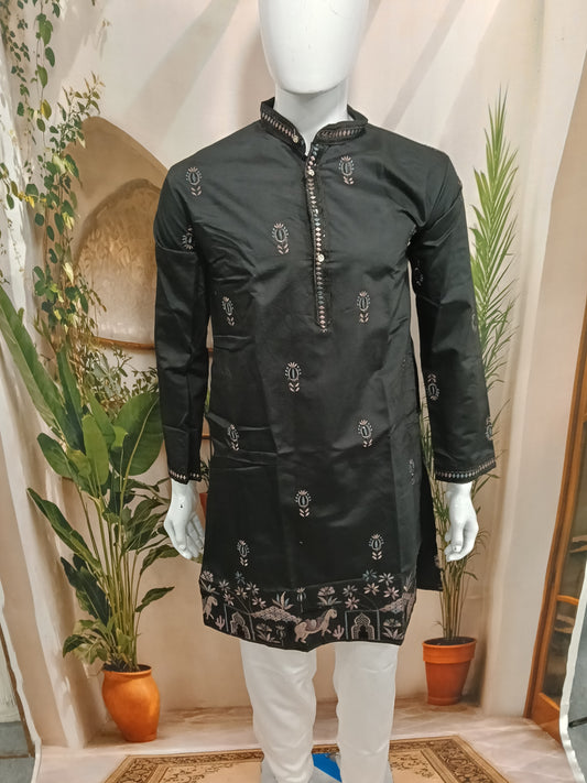 Premium Jet Black Men's Kurta | Embroidered Scenic Horse Hem & Floral Motifs