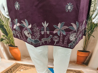 Premium Deep Plum Men's Kurta | Embroidered Tropical Scenic Hem & Starburst Motifs
