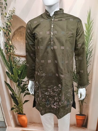 Premium Olive Green Men's Kurta | Geometric Motifs & Peacock Embroidered Hem