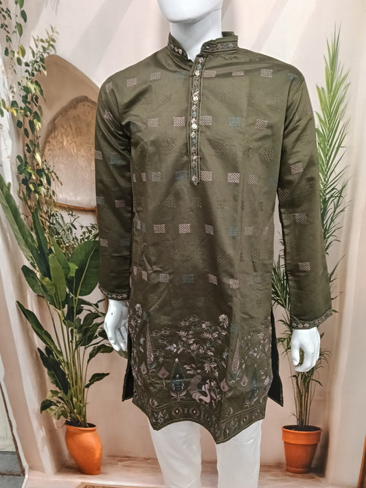 Premium Olive Green Men's Kurta | Geometric Motifs & Peacock Embroidered Hem