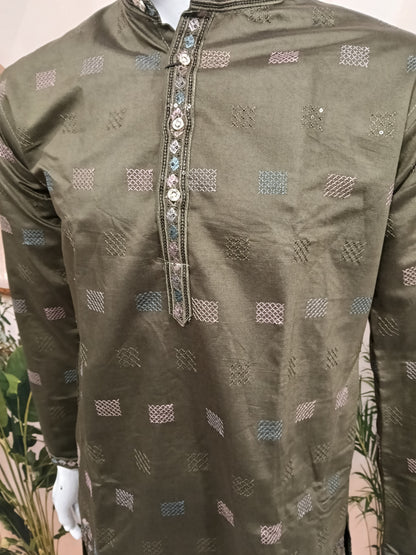 Premium Olive Green Men's Kurta | Geometric Motifs & Peacock Embroidered Hem
