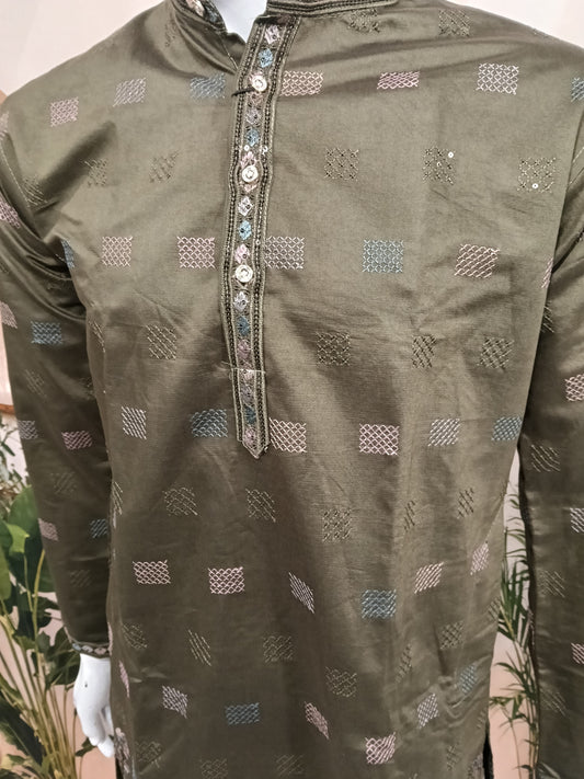 Premium Olive Green Men's Kurta | Geometric Motifs & Peacock Embroidered Hem