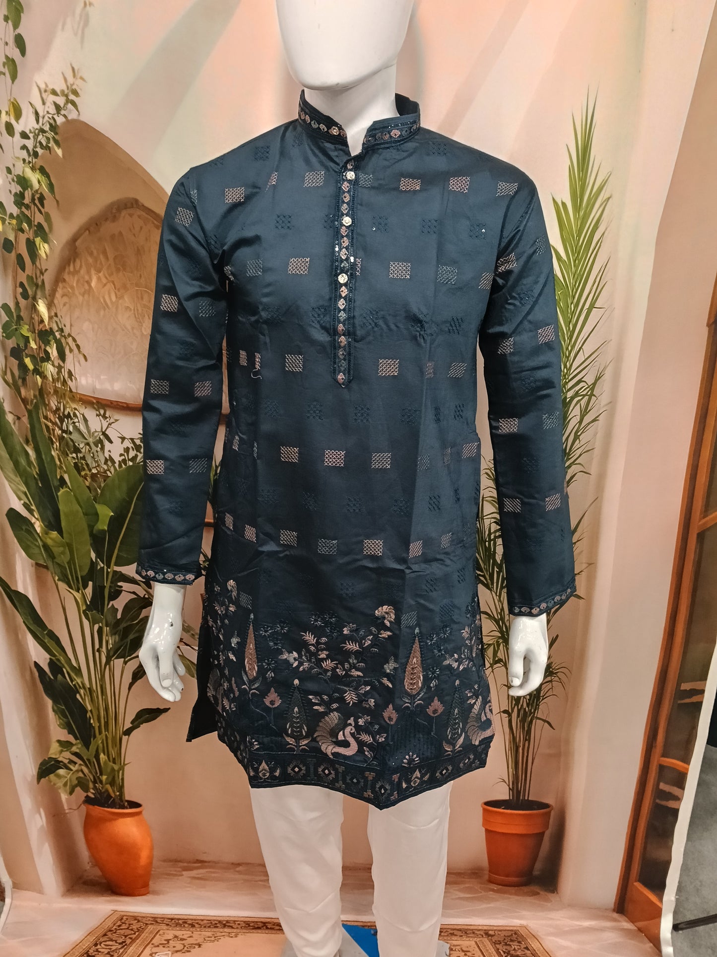 Premium Dark Teal Men's Kurta | Geometric Motifs & Peacock Embroidered Hem
