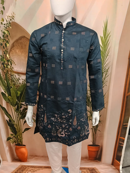 Premium Dark Teal Men's Kurta | Geometric Motifs & Peacock Embroidered Hem
