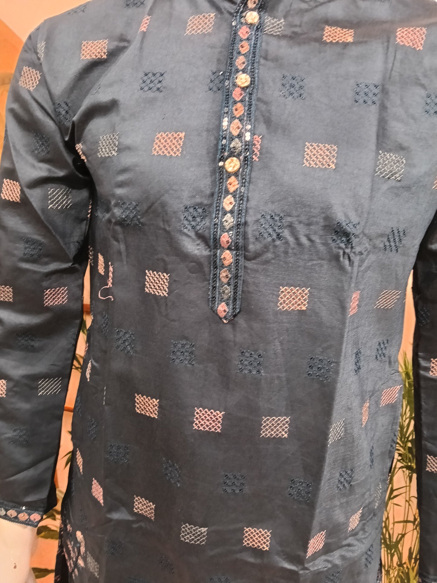Premium Dark Teal Men's Kurta | Geometric Motifs & Peacock Embroidered Hem