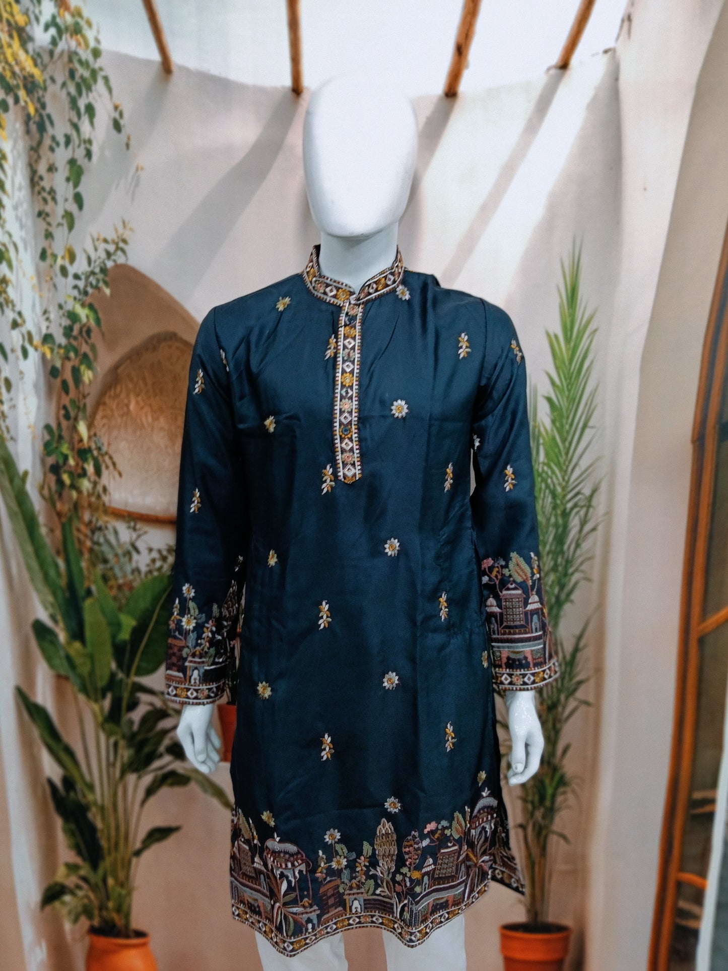 Elegant Navy Blue Men's Kurta with Delicate Heritage Border