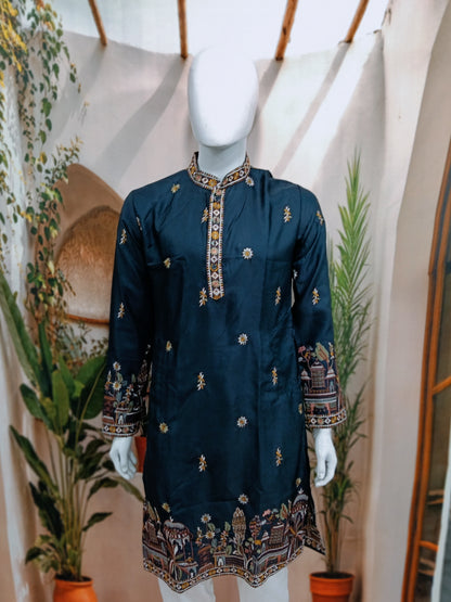 Elegant Navy Blue Men's Kurta with Delicate Heritage Border