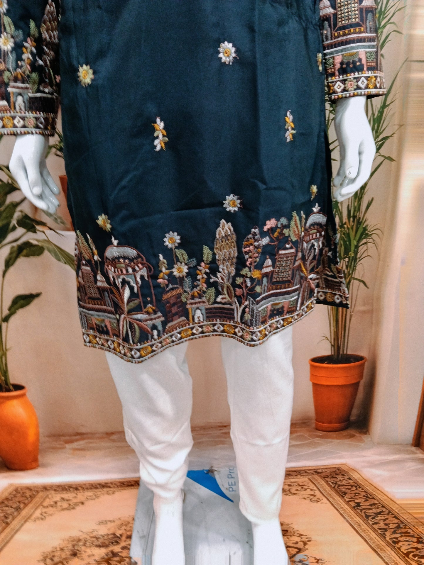 Elegant Navy Blue Men's Kurta with Delicate Heritage Border