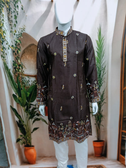 Elegant Dark Brown Men's Kurta with Delicate Heritage Border