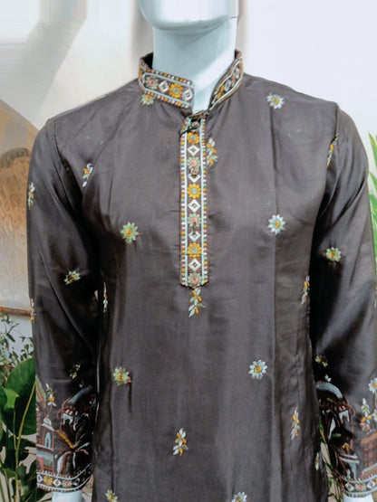 Elegant Dark Brown Men's Kurta with Delicate Heritage Border