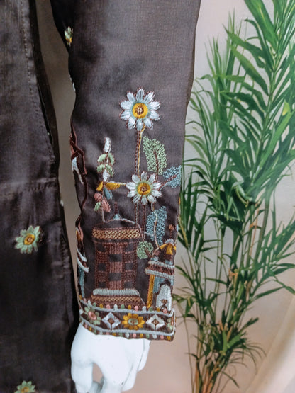 Elegant Dark Brown Men's Kurta with Delicate Heritage Border