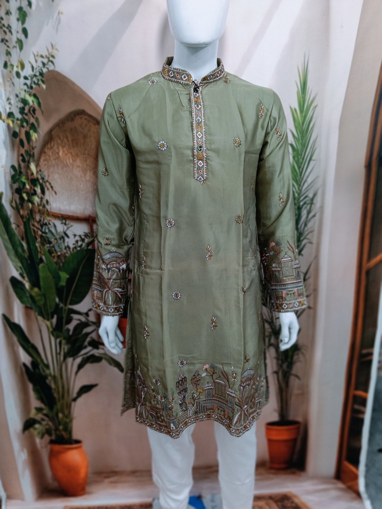 Elegant Olive Green Men's Kurta with Delicate Heritage Border