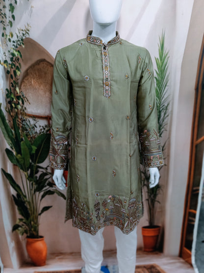 Elegant Olive Green Men's Kurta with Delicate Heritage Border